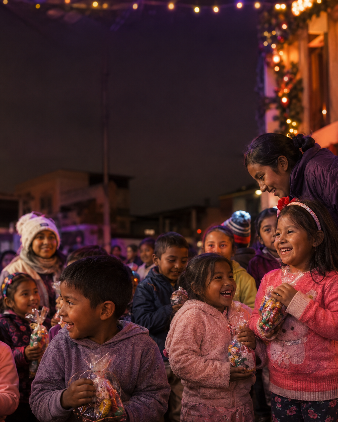 Niñas y niños disfrutando un agasajo navideño con fundas de dulces